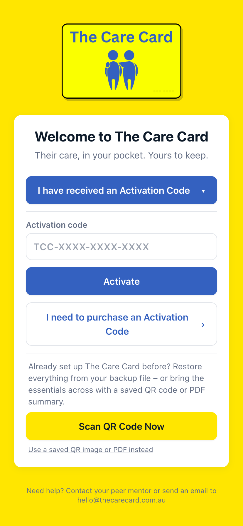 Activate with your code in The Care Card