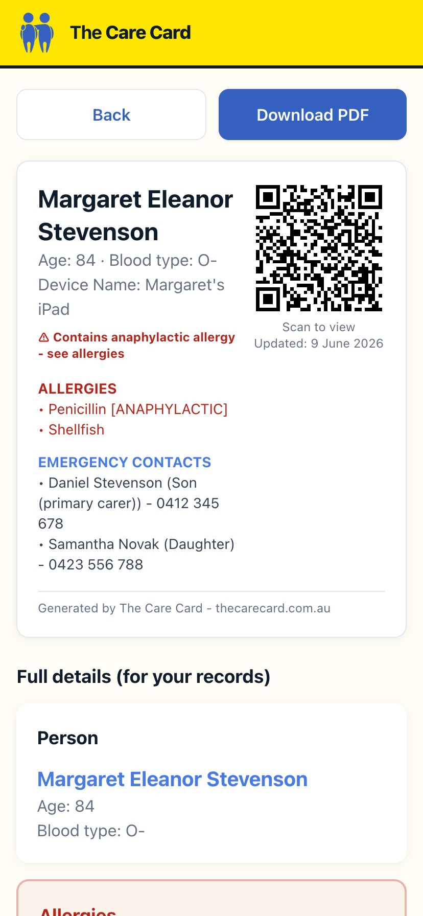 Download a PDF summary in The Care Card
